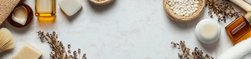 a composition of natural cosmetic and spa accessories, laid out along the edges of the frame on a light background.  