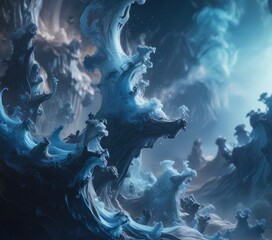 Ethereal blue haze with wavy smoke-like formations, , abstracted
