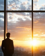 Fototapeta premium Businessman in Suit Observing Beautiful Sunset from Office Window with Cityscape View