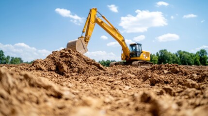 Obraz premium Excavator digging soil, sunny day, construction site (1)