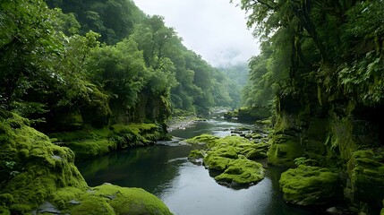 Obraz premium Lush Green Forest River Landscape