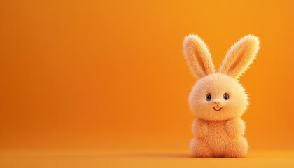 3d Bunny Animation Cartoon Cute Smiling Fluffy Ears Orange Background Copy Space Happy Easter Greeting Card