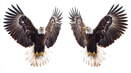 Fototapeta premium Set of two bald eagles flying isolated on white background 