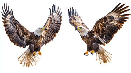 Obraz premium Set of two bald eagles flying isolated on white background 