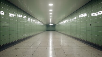 Obraz premium Empty underground pedestrian tunnel with green tiled walls and bright ceiling lights leading to a vanishing point.