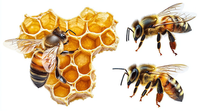 Piece of honeycomb with bee isolated on white. Bee collecting honey.