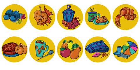 Fototapeta premium set of bright autumn stickers on a yellow background, doodle style illustrations on a cozy theme