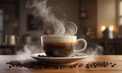 Fragrant steam swirls around a cup of freshly brewed coffee , cup, coffee, inviting