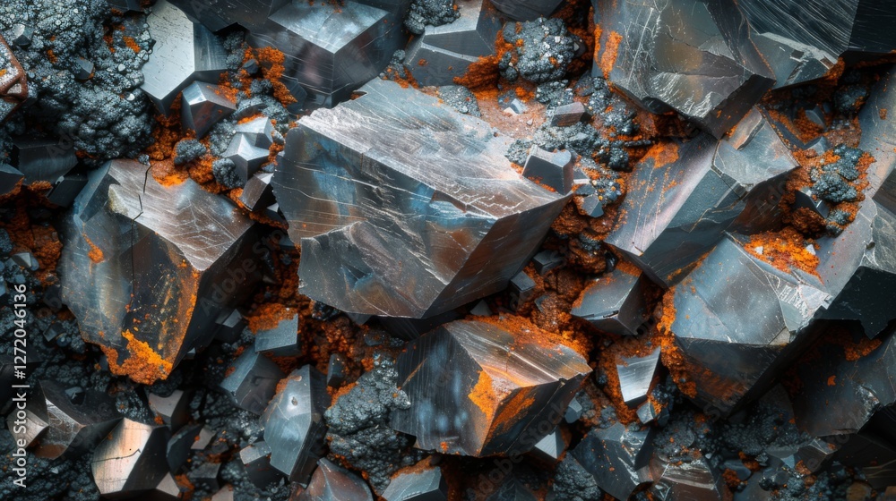 Poster crystalline structures of hematite display a blend of metallic gray and striking orange hues amid a 