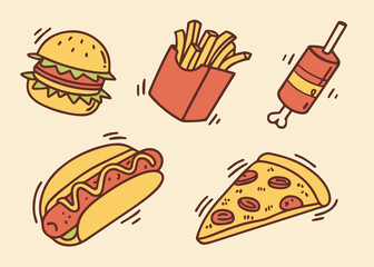 Set of fast food colorful doodles on a white background. Fast food cartoon elements collection