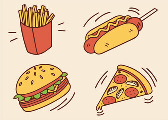 Set of fast food colorful doodles on a white background. Fast food cartoon elements collection