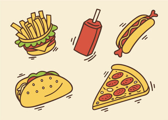 Set of fast food colorful doodles on a white background. Fast food cartoon elements collection
