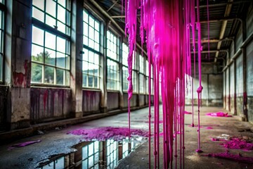 Fototapeta premium Fuchsia colored goo drips slowly down a glass wall in an abandoned industrial space, concrete floor, dripping slime