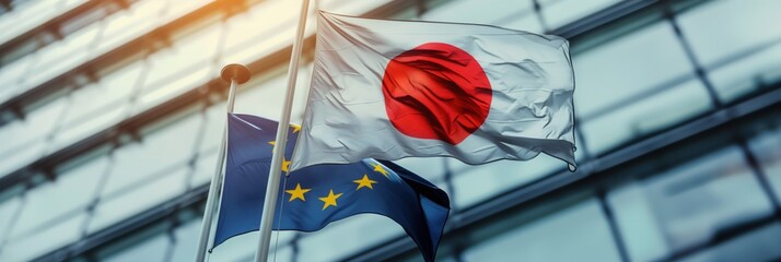 dynamic view of eu and japan flags aligned together confidently waving before modern glass facade concept of global diplomacy trade politics negotiation