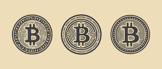 Vintage engraved Bitcoin coin icons set in black and white style