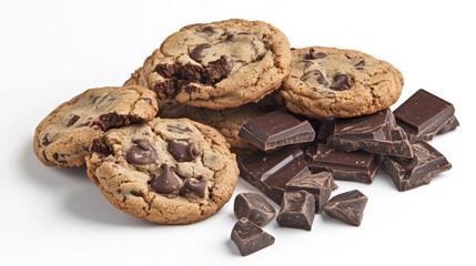A collection of half-eaten chocolate chip cookies accompanied by chunks of rich dark chocolate, presented against a white backdrop