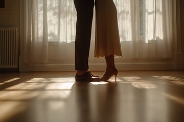 Fototapeta premium Couple dancing elegantly in a luxurious ballroom romantic atmosphere dance soft lighting