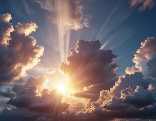 Fototapeta premium Cloudy sky with sun shining through the clouds, cloud formations, sunshine through clouds
