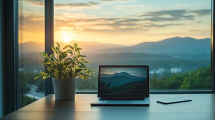 Fototapeta premium Serene office view with laptop and plant at sunset overlooking mountain landscape