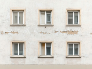 Fototapeta premium Aging Concrete Apartment Building Displays Peeling Paint and Grimy Windows, Highlighting Signs of Wear and Deterioration on its Facade.