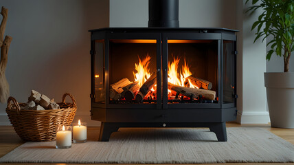 fireplace with decorations, burn