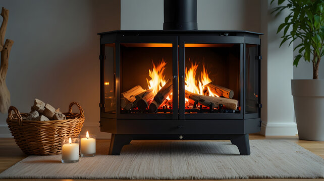 fireplace with decorations, burn
