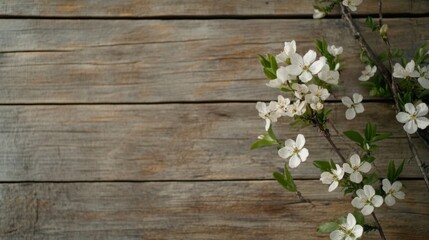 Overhead shot of a delicate floral setting with small blossoms spread across a wooden surface, artistic and airy atmosphere, well-balanced and detailed textures, ultra-sharp focus