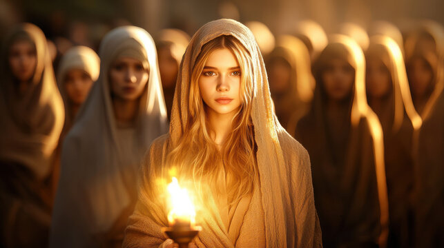 Young woman holding oil lamp surrounded by veiled women in warm light symbolizing faith spiritual readiness and parable of the wise virgins
