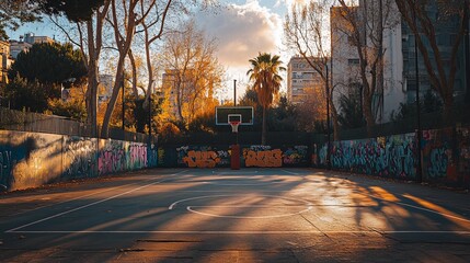 Naklejka premium Urban basketball court sunset with graffiti and shadows in city park
