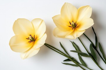 Fototapeta premium Pair of delicate yellow flowers placed on the left side, negative space on the right for text or design, soft shadows and bright petals, clean and fresh aesthetic, photorealistic details