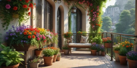 Fototapeta premium Cozy balcony with colorful flowers and lush greenery , balcony, pflanzen, hausgarten