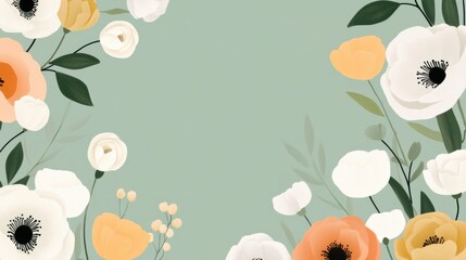 Pastel green flat background with ranunculus flowers forming a gentle floral frame, open space in the center for text or design, warm and fresh spring vibe, highly detailed and crisp