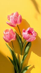 Fototapeta premium Radiant tulips and elegant peonies bloom splendidly against a cheerful yellow background, capturing the essence of springtime joy. Each petal glows softly under warm sunlight