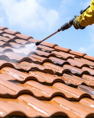 Worker Cleaning Roof Tiles with High-Pressure Washer on Bright Sunny Day Under Clear Blue Sky