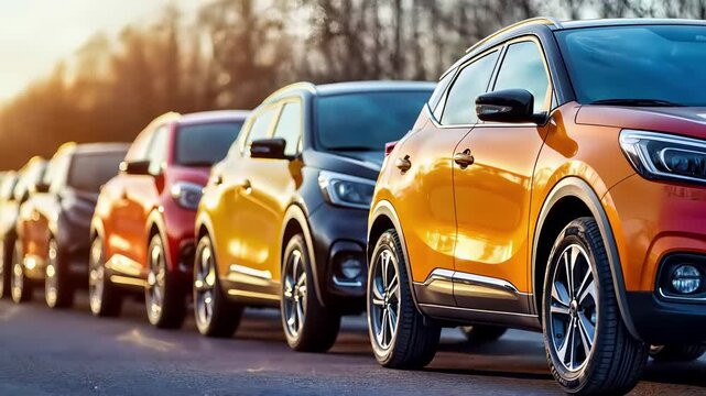 Suvs parked in row at sunset, modern automotive lineup featuring orange crossover vehicle with led headlights, metallic bodywork, alloy wheels. Contemporary compact urban vehicles displayed