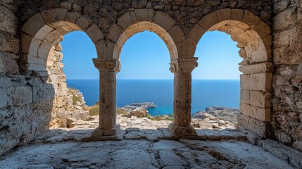 Fototapeta premium Ancient stone archway overlooking blue sea in ruins