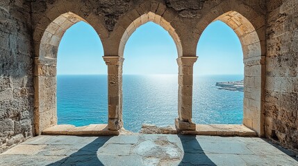 Scenic seascape view through ancient stone arch windows overlooking blue ocean