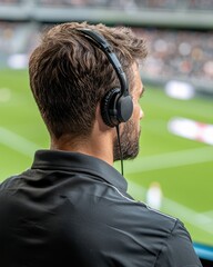 Young man with headphones observing a soccer match from the sidelines in a modern stadium setting