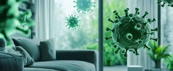 Obraz premium 3D rendering of green virus molecules floating inside a living room with a sofa, representing the spread of viral infections or contamination within indoor environments.