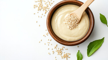 A homemade serving of tahini, a creamy paste made from ground sesame seeds, elegantly isolated against a white background