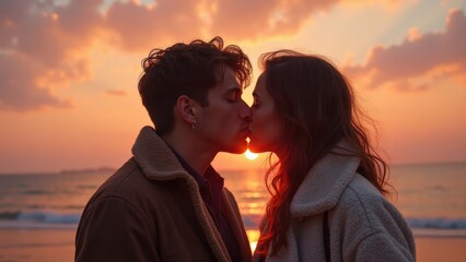 young couple kissing at sunset