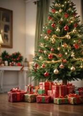 Decorated Christmas tree with presents under it, holiday treats, presents wrapped, seasonal decor