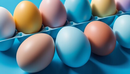 Colored easter eggs on a blue background. AI generated.