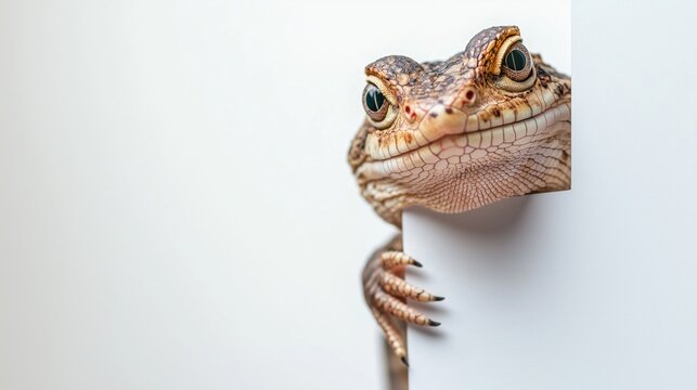 A lizard is peeking out from behind a white board. The lizard is small and brown, with a long tail. The board is white and rectangular, with a few small holes in it