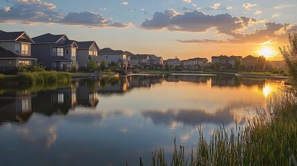 Fototapeta premium Sunset reflects on calm lake, houses nearby.
