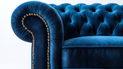 Obraz premium Luxurious navy blue velvet chesterfield armchair with tufted upholstery and nailhead trim, classic elegant seating for sophisticated interiors.