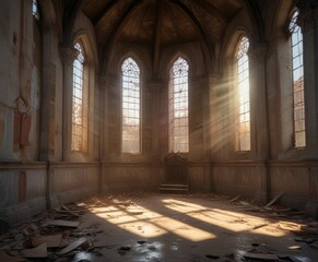 Obraz premium Dilapidated church facade with sunbeams piercing through broken panes , sunlight, silence