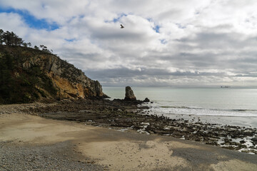 Obraz premium À marée basse, la plage du Portzic dévoile galets, sable et pierres sous un ciel bleu parsemé de nuages blancs. L’eau émeraude reflète la lumière, offrant un paysage apaisant.