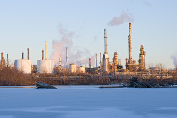 oil and petroleum refinery along frozen mississippi river in saint paul park minnesota 