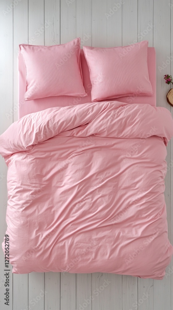 Poster a soft pink striped duvet cover rests on a neatly made bed, accompanied by matching pillows, creatin
